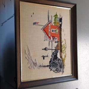 Vintage completed handmade needlepoint train station with steam locomotive